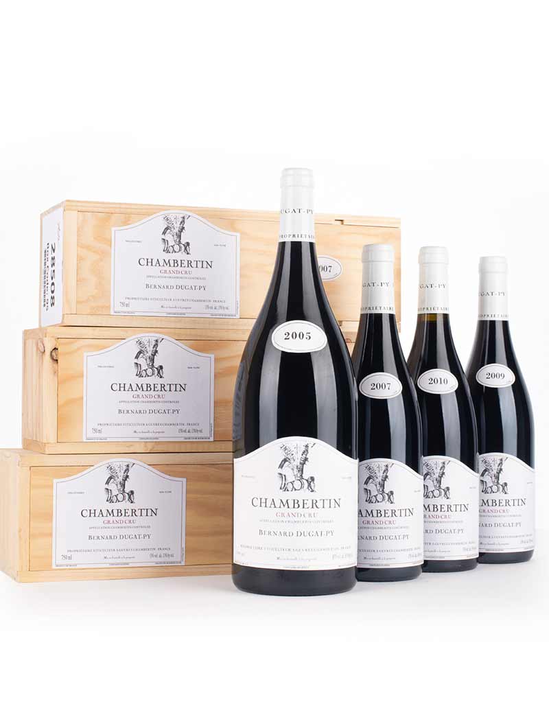 Lot 245-248: 1 bottle each 2007, 2009, 2010 in owc and 1 magnum 2005 Dugat-Py Chambertin