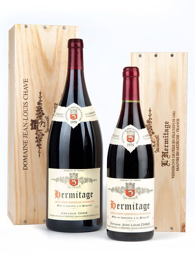 Lot 561, 562: 1 Magnum 1979 and 1 Bottle 1978 J.L. Chave Hermitage in OWC